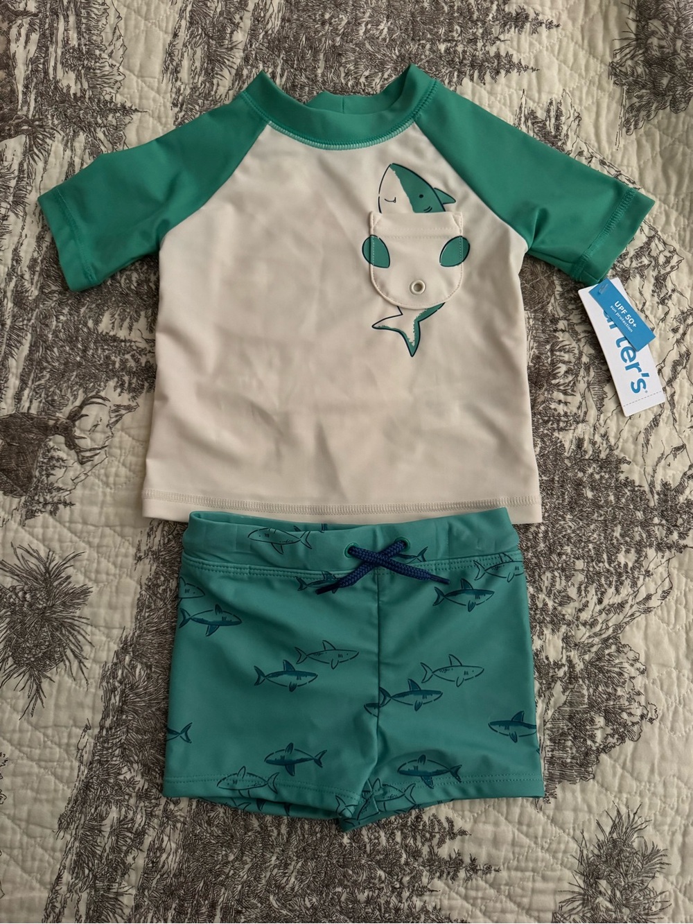 Carter's Teal & White Shark Two-Piece Rash Guard Swim Set